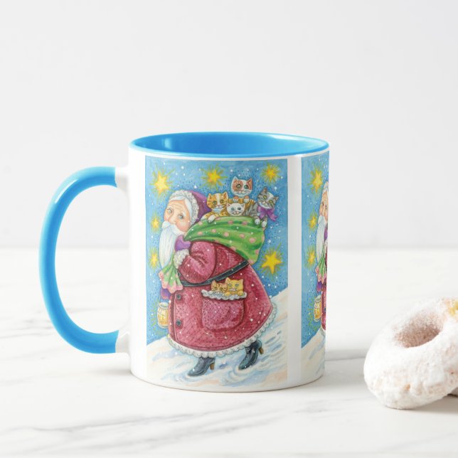 Cute Christmas, Santa Claus with Kittens and Cats! Mug (With Donut)