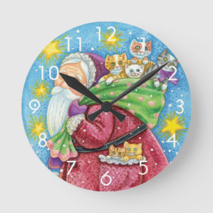 Cute Christmas, Santa Claus with Kittens and Cats! Round Clock
