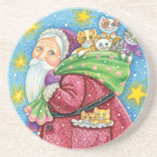Cute Christmas, Santa Claus with Kittens and Cats! Sandstone Coaster
