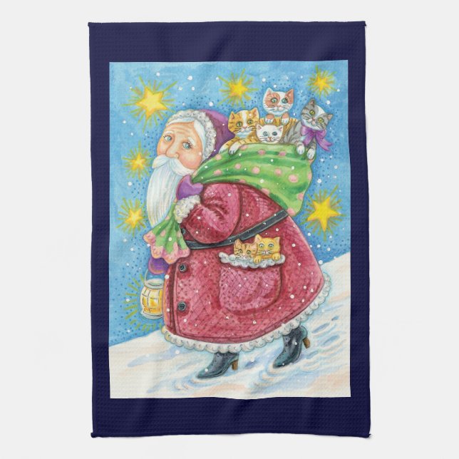 Cute Christmas, Santa Claus with Kittens and Cats! Towel (Vertical)