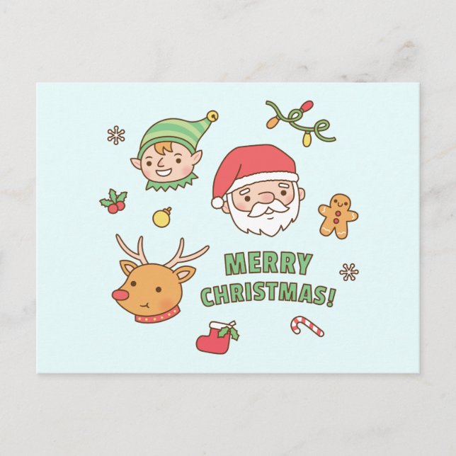 Cute Christmas Santa, Elf, Reindeer, Gingerbread Holiday Postcard (Front)