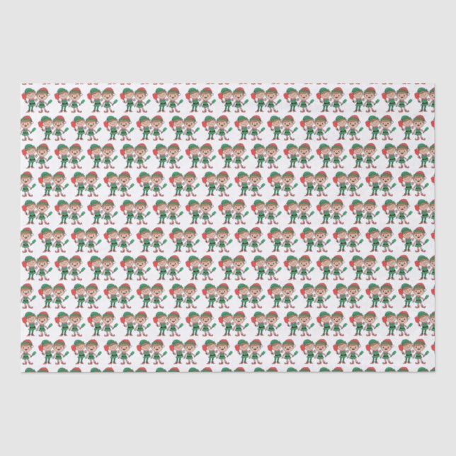 Cute Christmas Santa Elves Playing Pickleball Tissue Paper (Front)