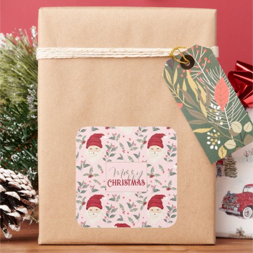 Cute Christmas Santa Holly Botanical Square Sticker