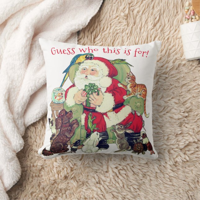 Cute Christmas Santa Pet Dog Cat Bird Present Gift Throw Pillow (Blanket)