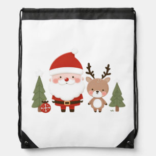 Cute Christmas Santa & Reindeer Drawstring Bag