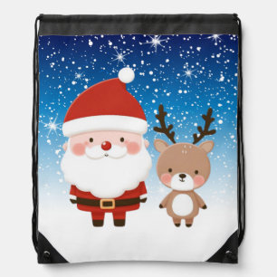 Cute Christmas Santa & Reindeer Drawstring Bag