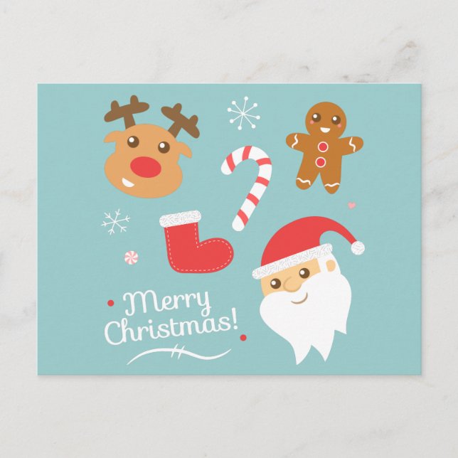 Cute Christmas - Santa, Reindeer, Gingerbread Man Holiday Postcard (Front)