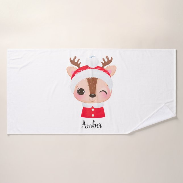 Cute Christmas Santa Reindeer Head Bath Towel (Bath Towel)