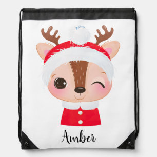 Cute Christmas Santa Reindeer Head Drawstring Bag