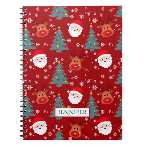 Cute Christmas Santa Reindeer Personalized Name Notebook