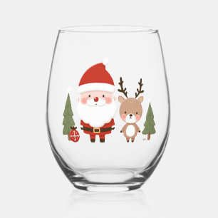 Cute Christmas Santa & Reindeer Stemless Wine Glass