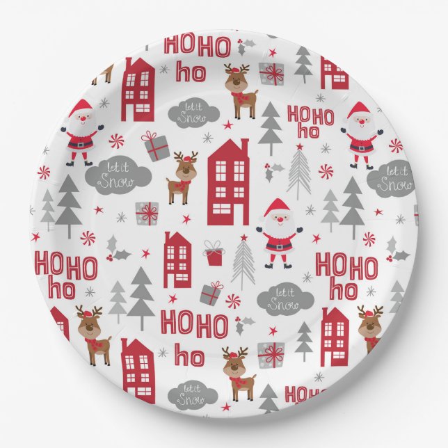 Cute Christmas Santa Reindeer Winter Holiday Paper Plates (Front)