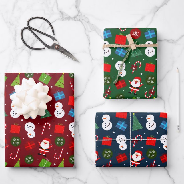 Cute Christmas Santa & Snowman Set of 3 Wrapping Paper Sheets (Front)