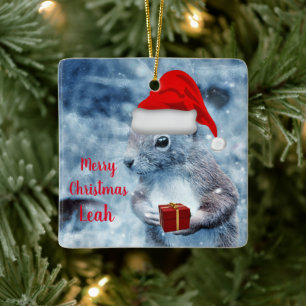 Cute Christmas Santa Squirrel Ceramic Ornament