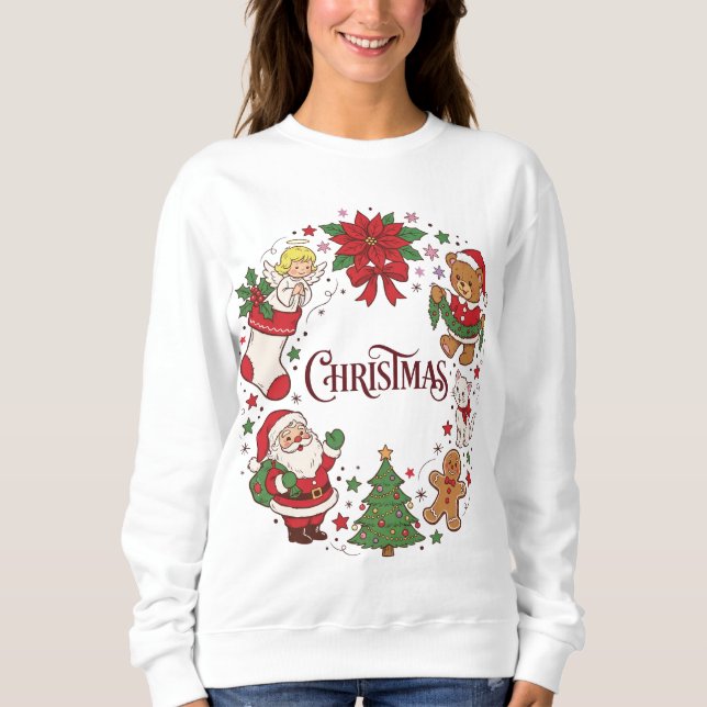 Cute Christmas Santa, Teddy & Holiday Icons Sweatshirt (Front)