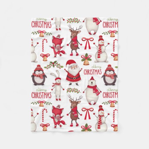 Cute Christmas Santas Penguins and Polar Bears Fleece Blanket