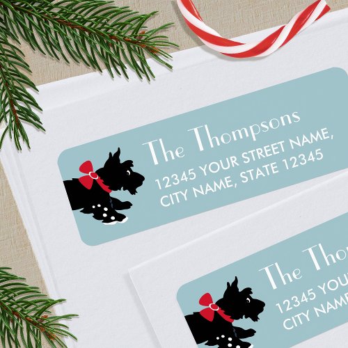 Cute Christmas Scottie Dog Blue Editable Address Label