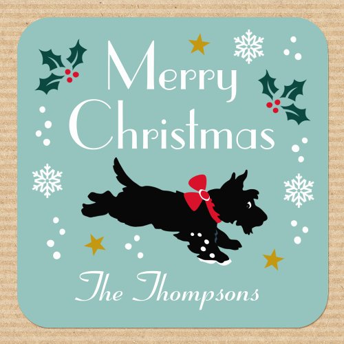 Cute Christmas Scottie Dog Custom Blue Green Square Sticker