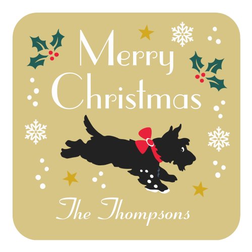 Cute Christmas Scottie Dog Custom Gold Square Sticker