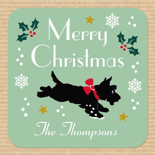 Cute Christmas Scottie Dog Custom Green Square Sticker