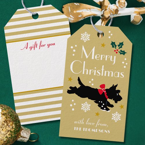 Cute Christmas Scottie Dog Custom Name Gold Gift Tags