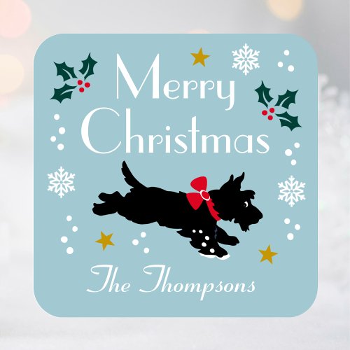 Cute Christmas Scottie Dog Editable Blue Square Sticker