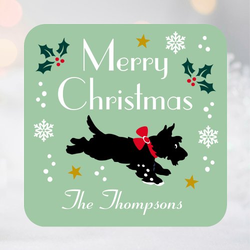 Cute Christmas Scottie Dog Editable Green Square Sticker