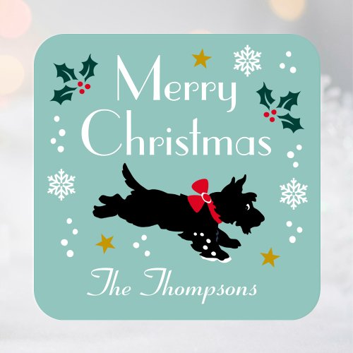 Cute Christmas Scottie Dog Editable Teal Square Sticker