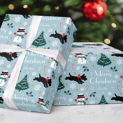 Cute Christmas Scottie Dog Snowman Blue Editable Wrapping Paper