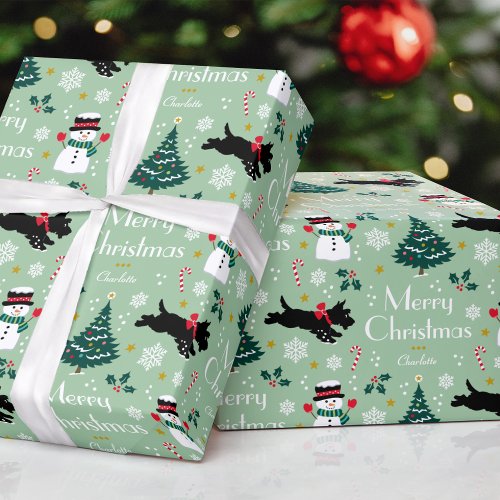 Cute Christmas Scottie Dog Snowman Green Editable Wrapping Paper