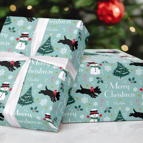 Cute Christmas Scottie Dog Snowman Teal Editable Wrapping Paper