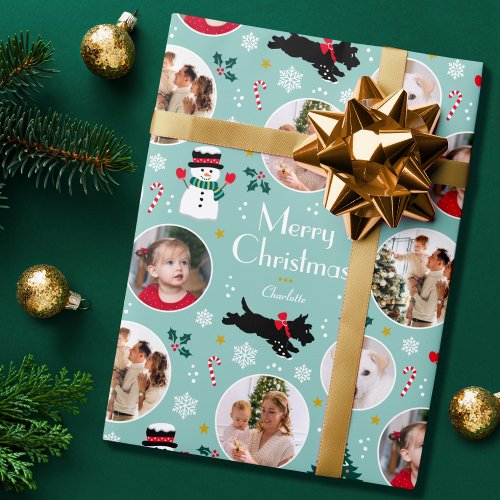 Cute Christmas Scottie Dog Teal Editable Photo Wrapping Paper