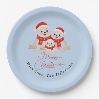 Cute Christmas Seals Winter Family Holiday Custom Paper Plates