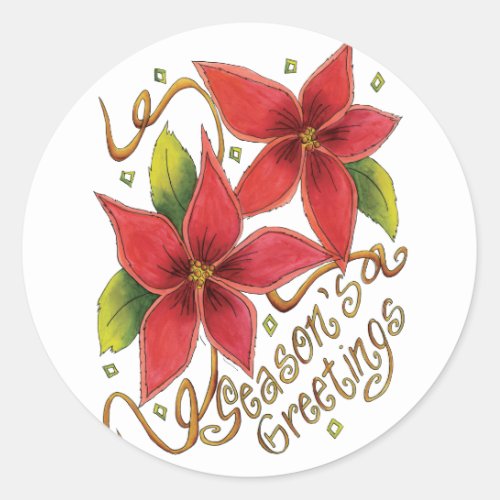 Cute Christmas Seasons Greetings with Poinsettias Classic Round Sticker