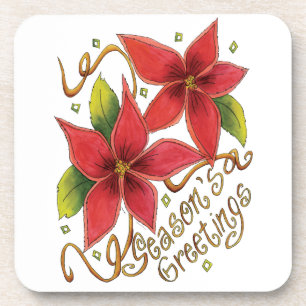 Cute Christmas Season's Greetings with Poinsettias Drink Coaster
