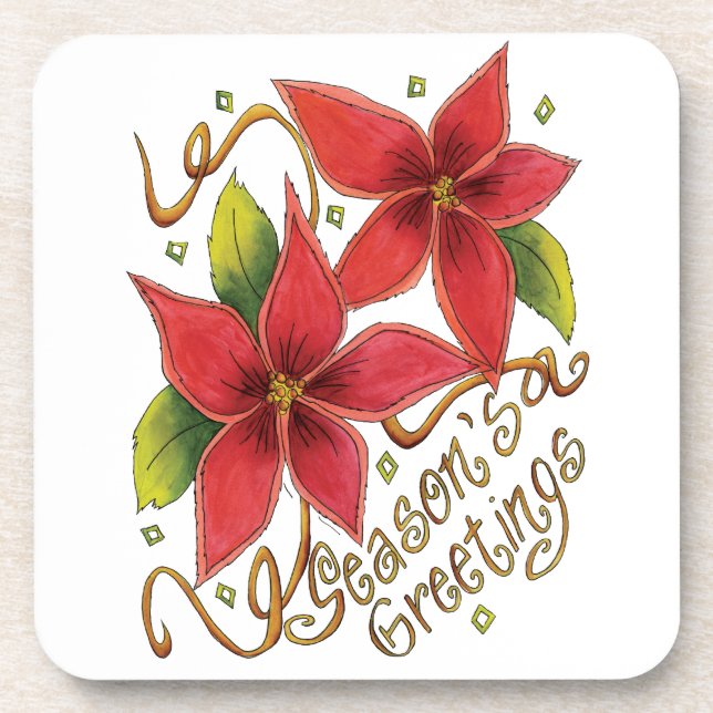 Cute Christmas Season's Greetings with Poinsettias Drink Coaster (Front)