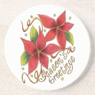 Cute Christmas Season's Greetings with Poinsettias Drink Coaster