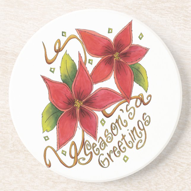 Cute Christmas Season's Greetings with Poinsettias Drink Coaster (Front)