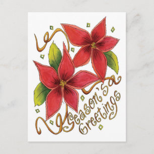 Cute Christmas Season's Greetings with Poinsettias Holiday Postcard