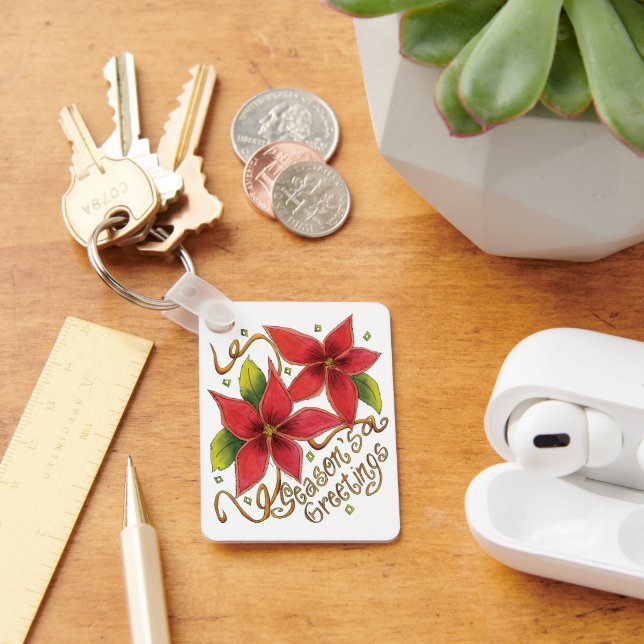 Cute Christmas Season's Greetings with Poinsettias Keychain (Desk)