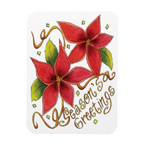 Cute Christmas Seasons Greetings with Poinsettias Magnet