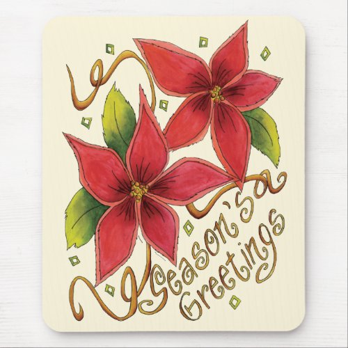 Cute Christmas Seasons Greetings with Poinsettias Mouse Pad