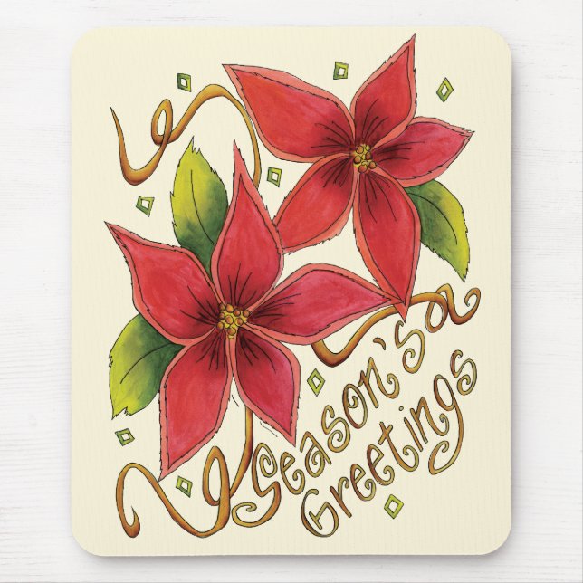 Cute Christmas Season's Greetings with Poinsettias Mouse Pad (Front)