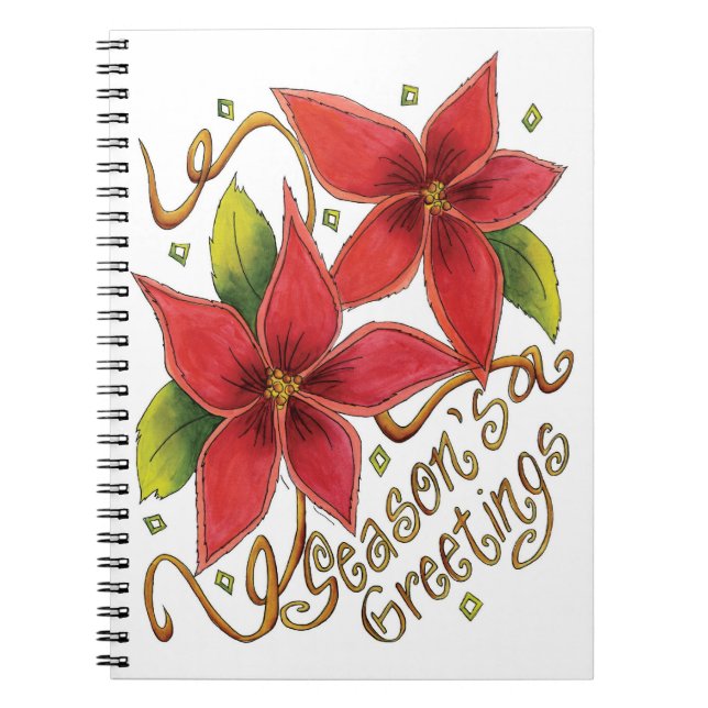 Cute Christmas Season's Greetings with Poinsettias Notebook (Front)