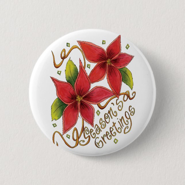 Cute Christmas Season's Greetings with Poinsettias Pinback Button (Front)
