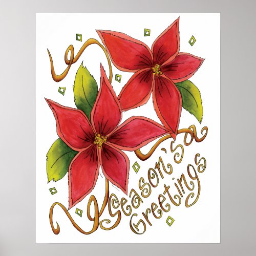 Cute Christmas Seasons Greetings with Poinsettias Poster