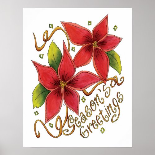 Cute Christmas Seasons Greetings with Poinsettias Poster