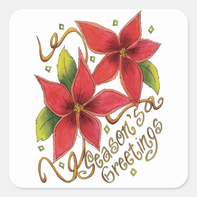 Cute Christmas Season's Greetings with Poinsettias Square Sticker (Front)