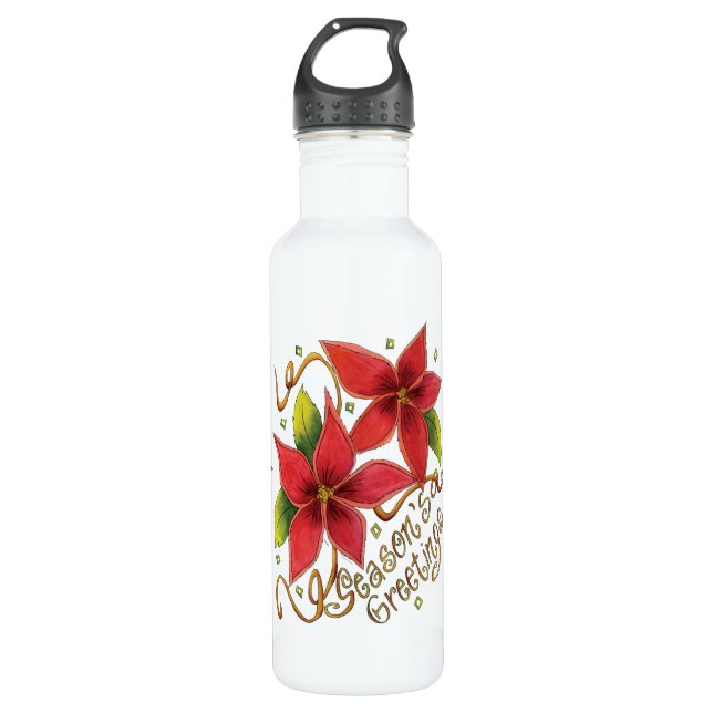 Cute Christmas Season's Greetings with Poinsettias Water Bottle (Front)