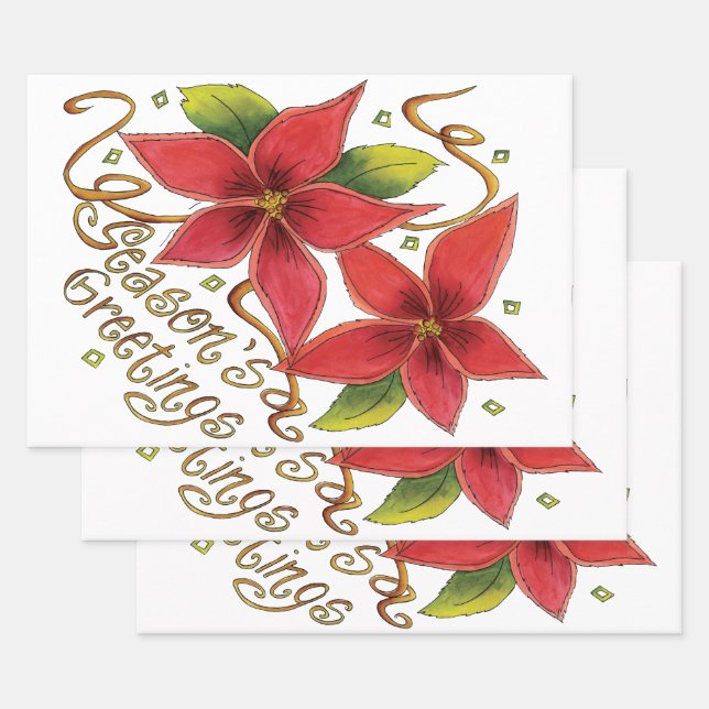 Cute Christmas Season's Greetings with Poinsettias Wrapping Paper Sheets (Set)